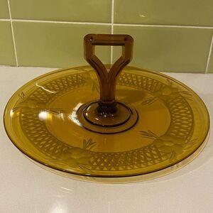 Vintage Amber Depression Glass Serving Platter — Etched Floral Design